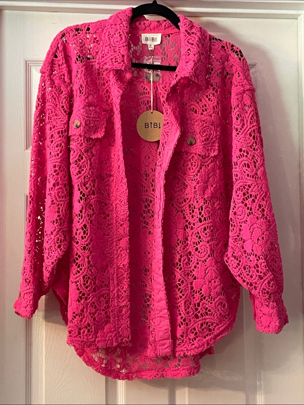 BiBi Hot Pink Crochet Button-Down Shirt Jacket